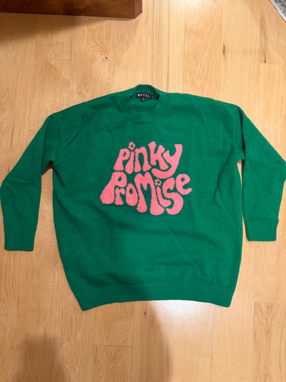 Motel Rocks Green Knit Sweater with Pink 'Pinky Promise' Graphic